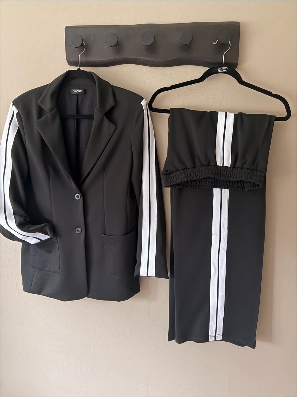 chic Black Track Blazer and Joggers with White Side Stripes